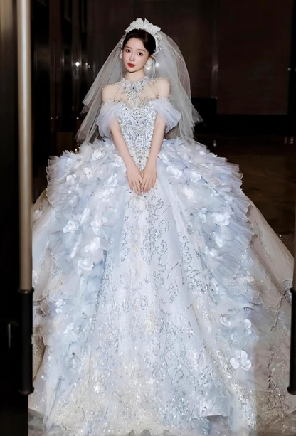 Unique Off-the-shoulder Bridal Dress with Tulle Appliques Ball Gown in Light Blue Sequin Long Wedding Dresses Luxury Floor Length Bridal Gowns DH2722