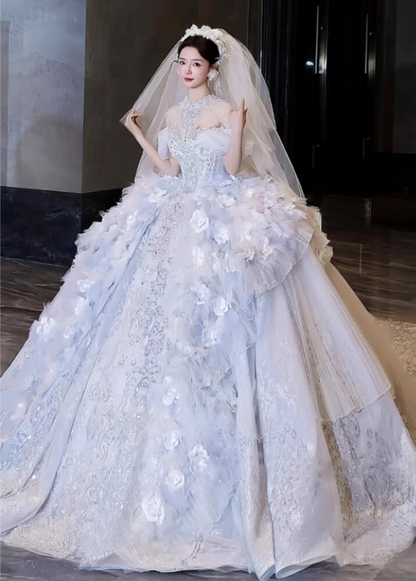 Unique Off-the-shoulder Bridal Dress with Tulle Appliques Ball Gown in Light Blue Sequin Long Wedding Dresses Luxury Floor Length Bridal Gowns DH2722