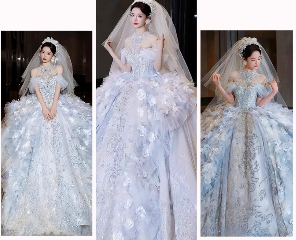 Unique Off-the-shoulder Bridal Dress with Tulle Appliques Ball Gown in Light Blue Sequin Long Wedding Dresses Luxury Floor Length Bridal Gowns DH2722