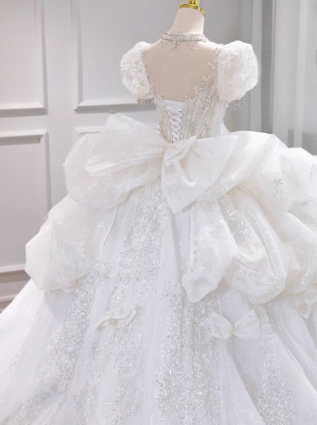 Sparkly White Square Neck Bridal Dress Tulle Beaded Ball Gown Short Sleeve Long Wedding Dresses Luxury Floor Length Applique Bridal Gowns DH2723