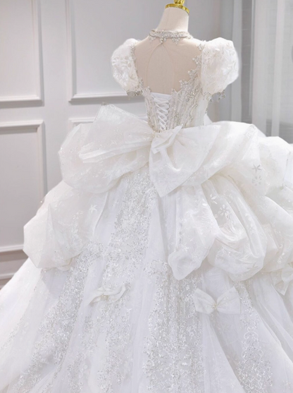 Sparkly White Square Neck Bridal Dress Tulle Beaded Ball Gown Short Sleeve Long Wedding Dresses Luxury Floor Length Applique Bridal Gowns DH2723