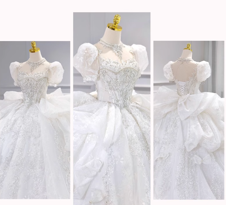 Sparkly White Square Neck Bridal Dress Tulle Beaded Ball Gown Short Sleeve Long Wedding Dresses Luxury Floor Length Applique Bridal Gowns DH2723