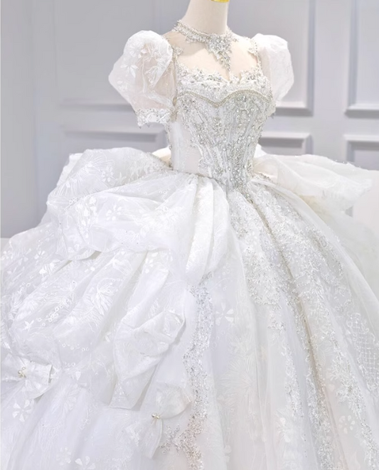 Sparkly White Square Neck Bridal Dress Tulle Beaded Ball Gown Short Sleeve Long Wedding Dresses Luxury Floor Length Applique Bridal Gowns DH2723