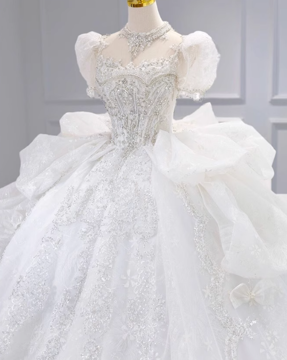 Sparkly White Square Neck Bridal Dress Tulle Beaded Ball Gown Short Sleeve Long Wedding Dresses Luxury Floor Length Applique Bridal Gowns DH2723