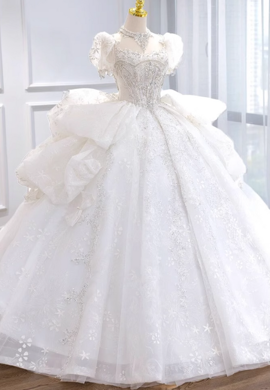 Sparkly White Square Neck Bridal Dress Tulle Beaded Ball Gown Short Sleeve Long Wedding Dresses Luxury Floor Length Applique Bridal Gowns DH2723