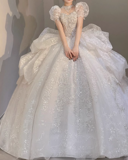 Sparkly White Square Neck Bridal Dress Tulle Beaded Ball Gown Short Sleeve Long Wedding Dresses Luxury Floor Length Applique Bridal Gowns DH2723