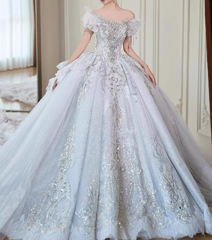 Elegant White Beaded Bridal Dress Tulle Off-the-shoulder Ball Gown Applique Train Wedding Dresses Modest Bridal Gowns DH2724