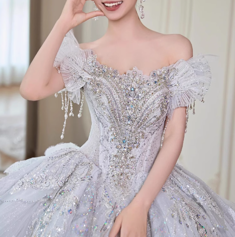 Elegant White Beaded Bridal Dress Tulle Off-the-shoulder Ball Gown Applique Train Wedding Dresses Modest Bridal Gowns DH2724