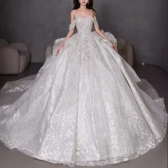 Elegant White Beaded Bridal Dress Tulle Off-the-shoulder Ball Gown Applique Train Wedding Dresses Modest Bridal Gowns DH2725