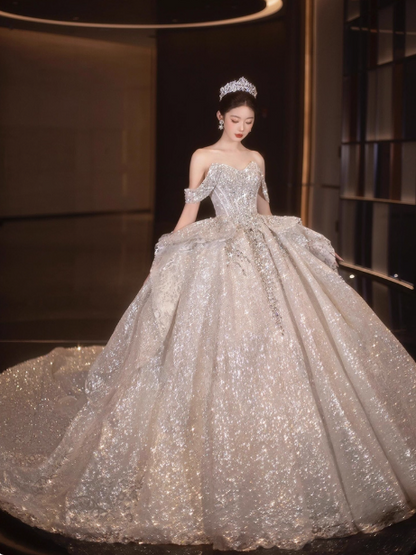 Elegant White Beaded Bridal Dress Tulle Off-the-shoulder Ball Gown Applique Train Wedding Dresses Modest Bridal Gowns DH2725