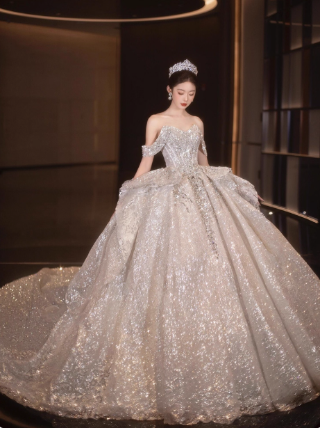 Elegant White Beaded Bridal Dress Tulle Off-the-shoulder Ball Gown Applique Train Wedding Dresses Modest Bridal Gowns DH2725