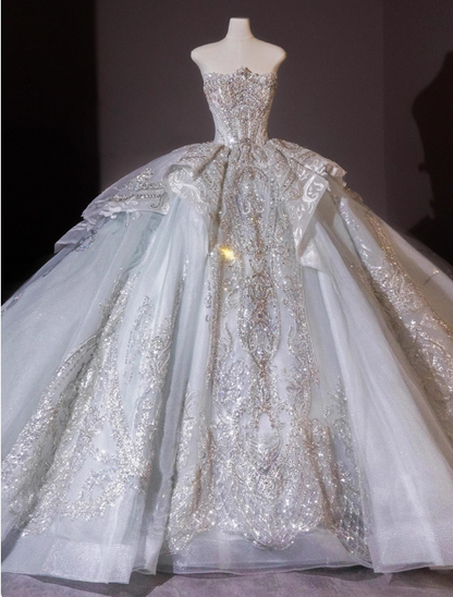 Sparkly Beaded Wedding Dresses Tulle Strapless Ball Gown Elegant White Bridal Dress Stunning Bridal Gowns DH2726