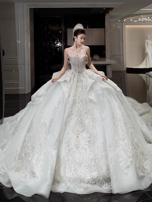 Sparkly Beaded Wedding Dresses Tulle Strapless Ball Gown Elegant White Bridal Dress Stunning Bridal Gowns DH2726