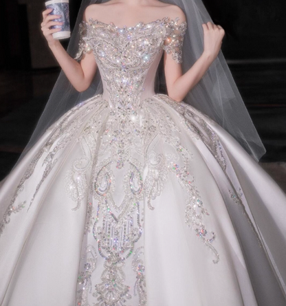 Modest White Sweetheart Neck Wedding Dresses Tulle Beaded Applique Ball Gown Elegant Bridal Dress Elegant Bridal Gowns DH2729