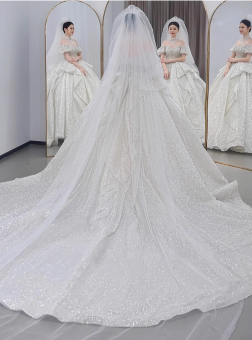 Modest White Wedding Dresses Tulle Sparkly Ball Gown Elegant Bridal Dress Beaded Short Sleeve Bridal Gowns DH2730