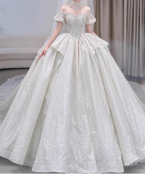Modest White Wedding Dresses Tulle Sparkly Ball Gown Elegant Bridal Dress Beaded Short Sleeve Bridal Gowns DH2730