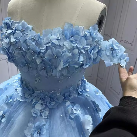 Gorgeous Sky Blue Off-the-shoulder Tulle Long Ball Gown with Flower Sweet 16 Birthday Dress Cute Quinceanera Dress DH2731