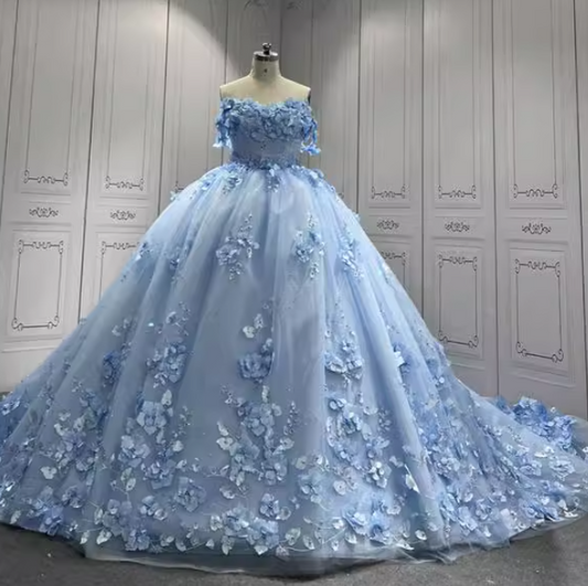 Gorgeous Sky Blue Off-the-shoulder Tulle Long Ball Gown with Flower Sweet 16 Birthday Dress Cute Quinceanera Dress DH2731