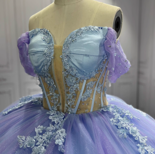 Gorgeous Purple Off-the-shoulder Tulle Long Ball Gown Appliques Sweet16th Birthday Dress Cute Quinceanera Dress DH2732