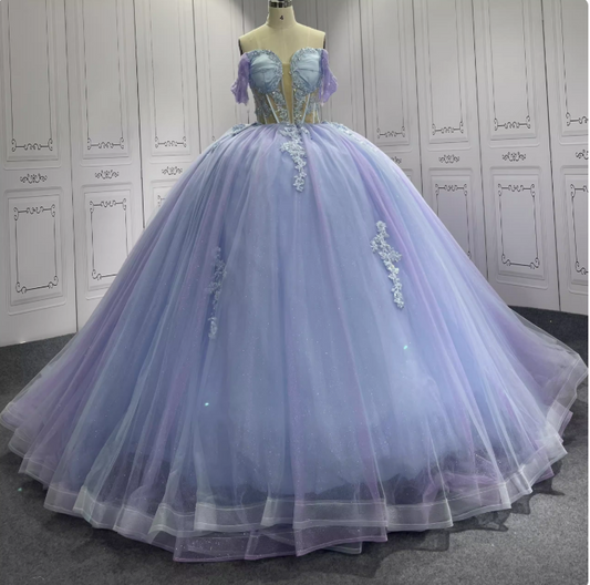 Gorgeous Purple Off-the-shoulder Tulle Long Ball Gown Appliques Sweet16th Birthday Dress Cute Quinceanera Dress DH2732