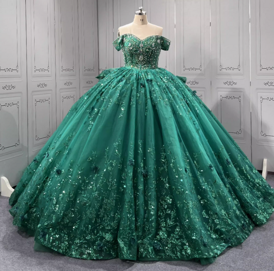 Gorgeous Dark Green Off-the-Shoulder Tulle Long Ball Gown Appliques Sweet 16th Birthday Dress Cute Beaded Sequin Quinceanera Dress DH2733