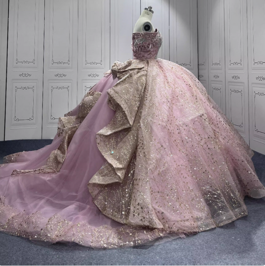 Gorgeous Rose Gold Off-the-shoulder Tulle Long Ball Gown Sparkly Sweet16th Birthday Dress Cute Beaded Sequins Quinceanera Dress DH2734