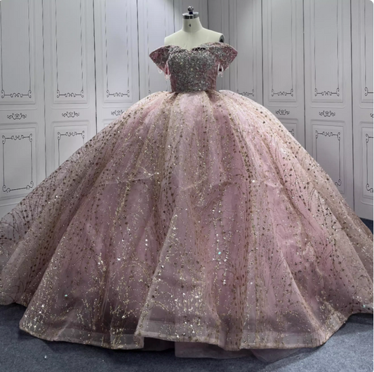 Gorgeous Rose Gold Off-the-shoulder Tulle Long Ball Gown Sparkly Sweet16th Birthday Dress Cute Beaded Sequins Quinceanera Dress DH2734