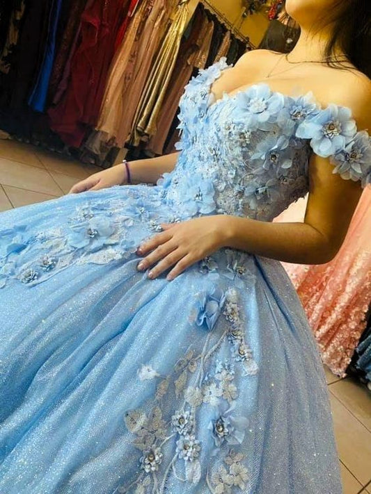 Gorgeous Sky Blue Off-the-shoulder Tulle Long Ball Gown Flower Sweet 16th Birthday Dress Cute Quinceanera Dress DH2735