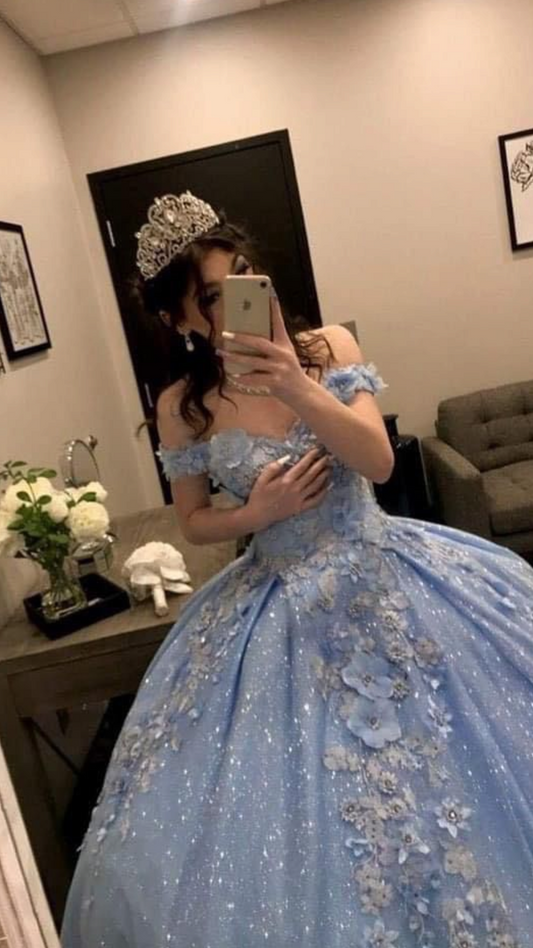 Gorgeous Sky Blue Off-the-shoulder Tulle Long Ball Gown Flower Sweet 16th Birthday Dress Cute Quinceanera Dress DH2735