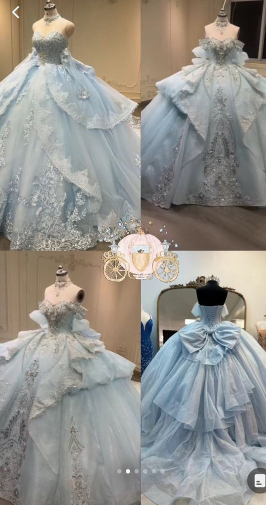 Gorgeous Sky Blue Off-the-shoulder Tulle Long Ball Gown Flower Sweet 16th Birthday Dress Cute Quinceanera Dress DH2736