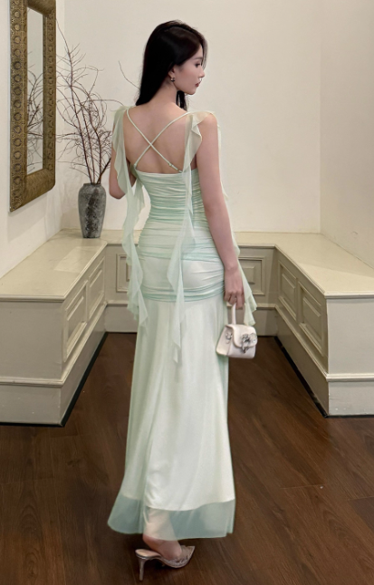 Sexy Spaghetti Strap Mermaid Chiffon Evening Dresses Light Green Birthday Dresses DP03033
