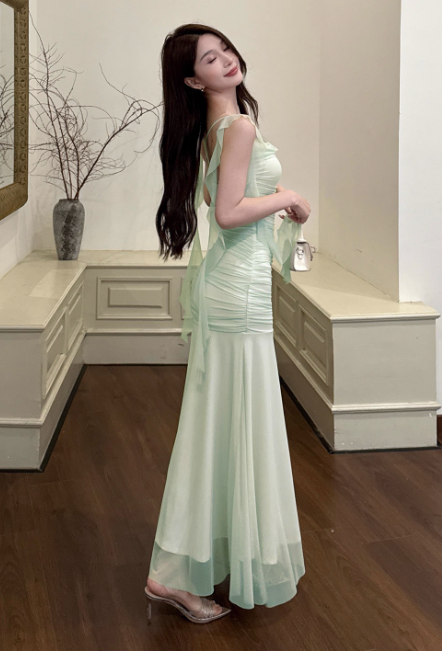 Sexy Spaghetti Strap Mermaid Chiffon Evening Dresses Light Green Birthday Dresses DP03033