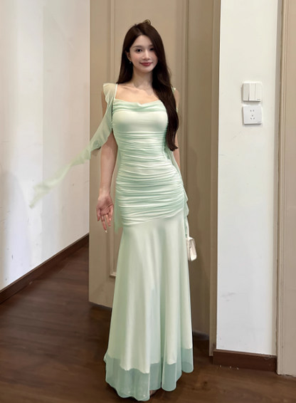 Sexy Spaghetti Strap Mermaid Chiffon Evening Dresses Light Green Birthday Dresses DP03033