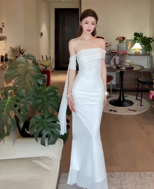 Elegant Off-the-shoulder Mermaid Tulle Evening Dresses White Birthday Dresses DP03034