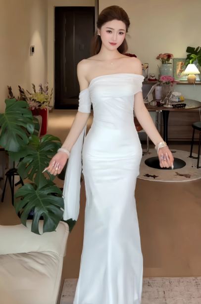 Elegant Off-the-shoulder Mermaid Tulle Evening Dresses White Birthday Dresses DP03034