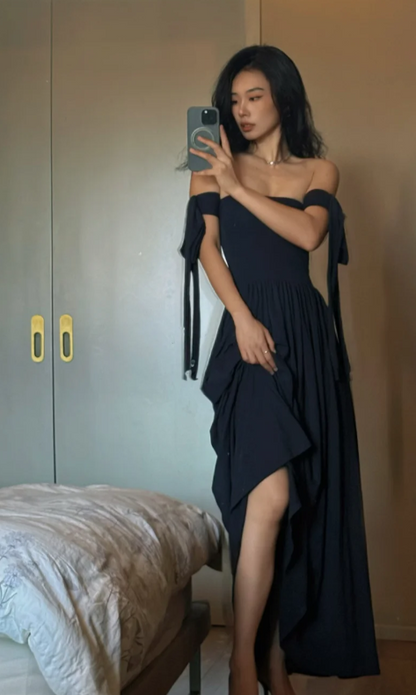 Sexy Off-the-shoulder Sheath Chiffon Evening Dresses Black Birthday Dresses DP03035