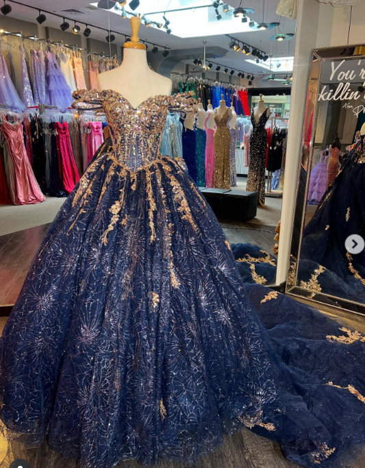 Gorgeous Off-the-shoulder Ball Gown Tulle Beaded Long Prom Dresses, Navy Blue Quinceanera Dresses DP03042