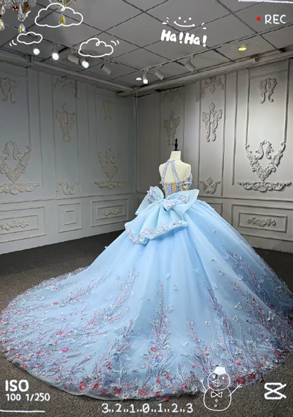 Gorgeous Halter Ball Gown Tulle Beaded Applique Long Prom Dresses, Pale Blue Quinceanera Dresses DP03043