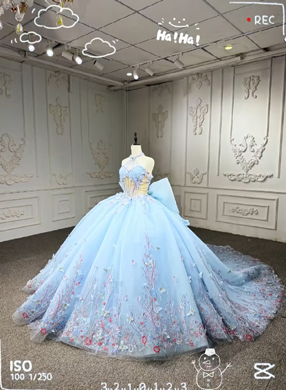 Gorgeous Halter Ball Gown Tulle Beaded Applique Long Prom Dresses, Pale Blue Quinceanera Dresses DP03043