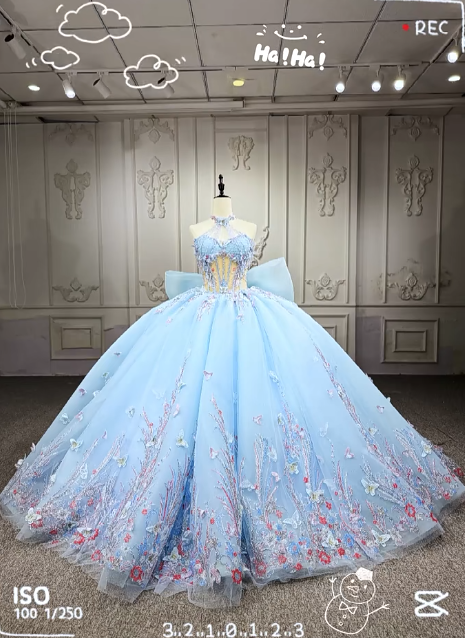 Gorgeous Halter Ball Gown Tulle Beaded Applique Long Prom Dresses, Pale Blue Quinceanera Dresses DP03043