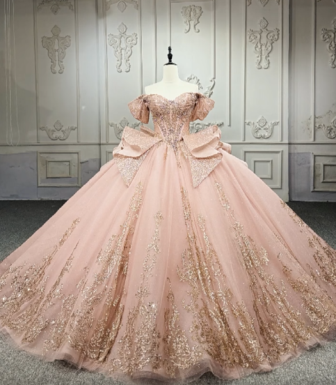 Gorgeous Off-the-Shoulder Ball Gown Tulle Beaded Applique Long Prom Dresses, Peach Quinceanera Dresses DP03044