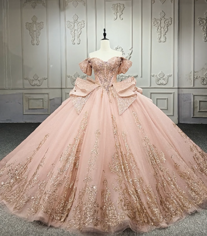 Gorgeous Off-the-Shoulder Ball Gown Tulle Beaded Applique Long Prom Dresses, Peach Quinceanera Dresses DP03044