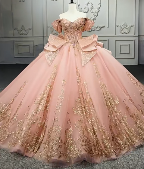 Gorgeous Off-the-Shoulder Ball Gown Tulle Beaded Applique Long Prom Dresses, Peach Quinceanera Dresses DP03044