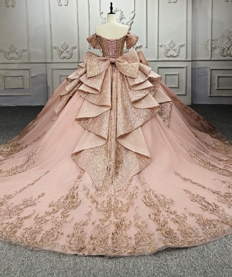 Gorgeous Off-the-Shoulder Ball Gown Tulle Beaded Applique Long Prom Dresses, Peach Quinceanera Dresses DP03044