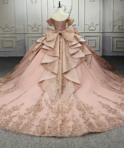 Gorgeous Off-the-Shoulder Ball Gown Tulle Beaded Applique Long Prom Dresses, Peach Quinceanera Dresses DP03044