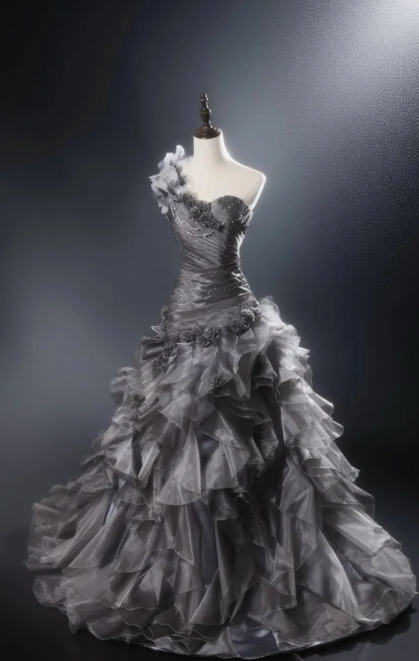 Gorgeous One-shoulder Ball Gown Tulle Long Prom Dresses, Dark Grey Quinceanera Dresses DP03047