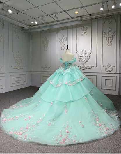 Gorgeous Off-the-Shoulder Ball Gown Tulle Beaded Applique Long Prom Dresses, Green Quinceanera Dresses DP03046