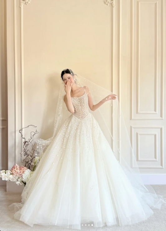 Timeless Spaghetti Strap Ball Gown Tulle Wedding Dress, White Bridal Gowns DP03049