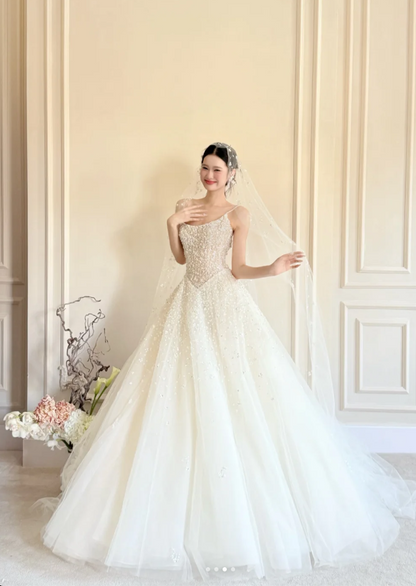 Timeless Spaghetti Strap Ball Gown Tulle Wedding Dress, White Bridal Gowns DP03049