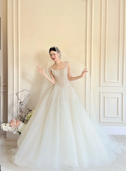 Timeless Spaghetti Strap Ball Gown Tulle Wedding Dress, White Bridal Gowns DP03049